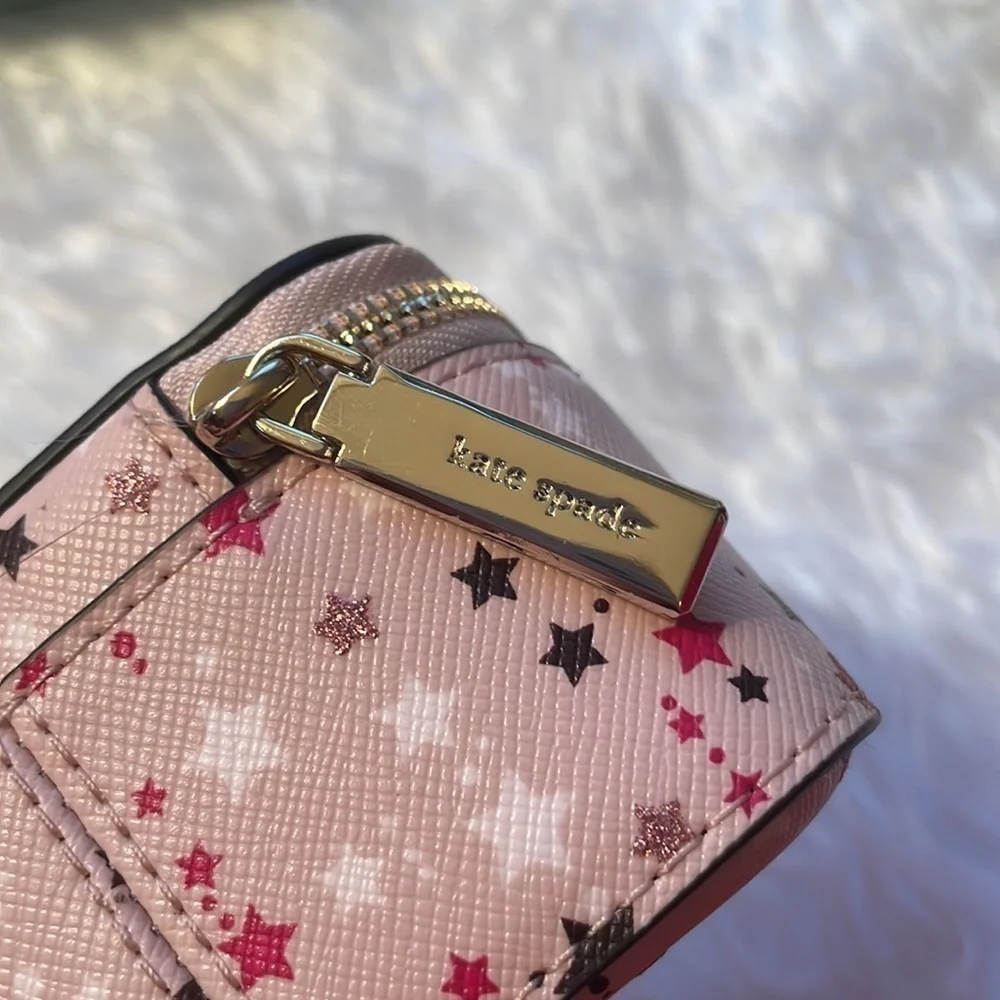 Brand New Kate Spade Genuine Leather Pink Stars Zippered Travel Jewelry Box